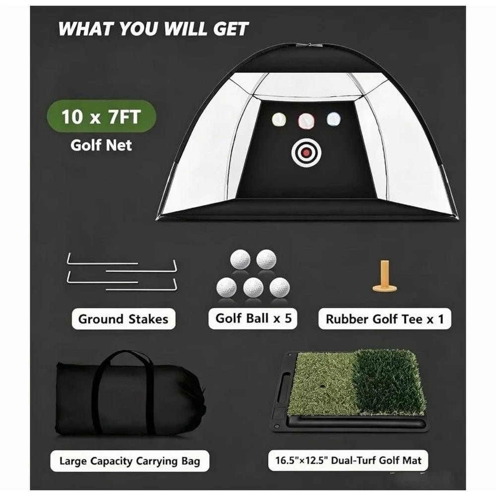 Golf Net: 10 x 7FT Practice Net with Mat for Chipping, Swing, Driving Practi...